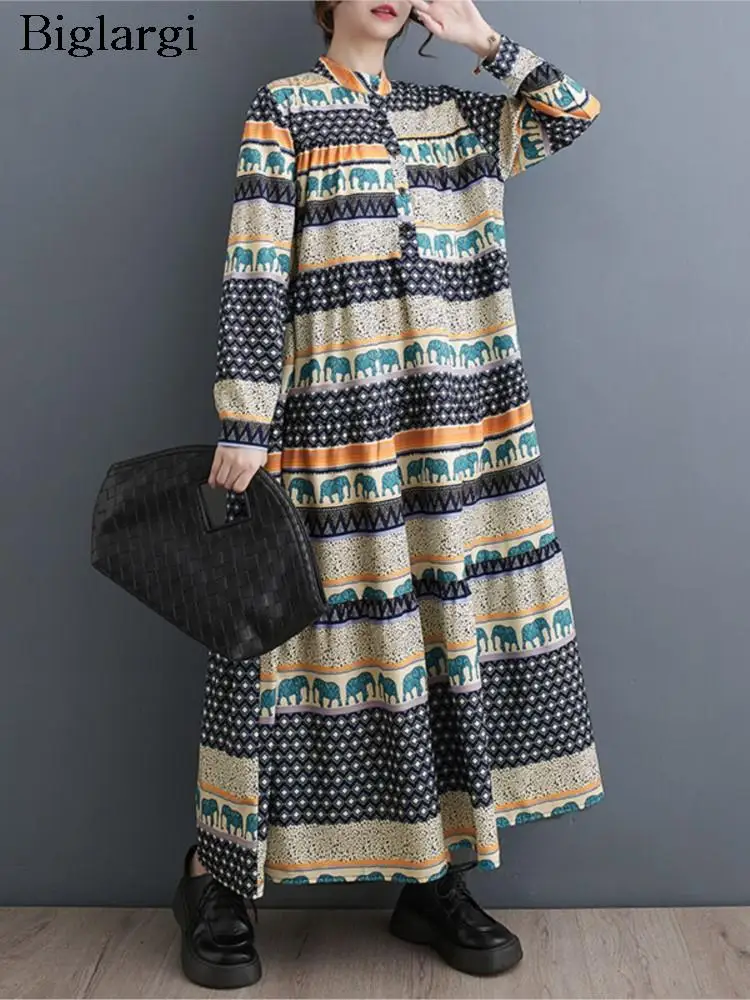 

Oversized Floral Polka Dot Print Autumn Long Dress Women Loose Ruffle Pleated Ladies Dresses Modis Long Sleeve Woman Dress 2023