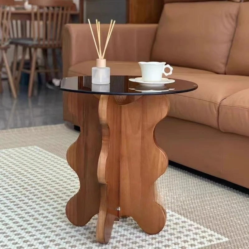

French retro petal edge few solid wood ins wave coffee table creative tempered glass small round