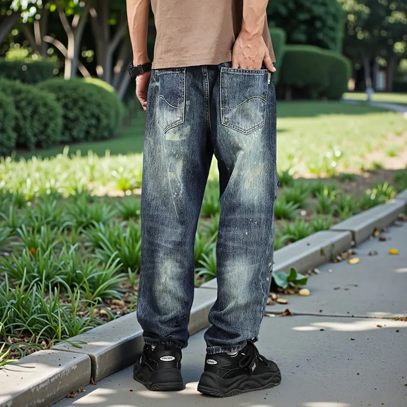 American Graffiti High Street Trendy Brand Printed Hand drawn Jeans for Men, Loose Straight Tube, Sagging, Handsome Pants