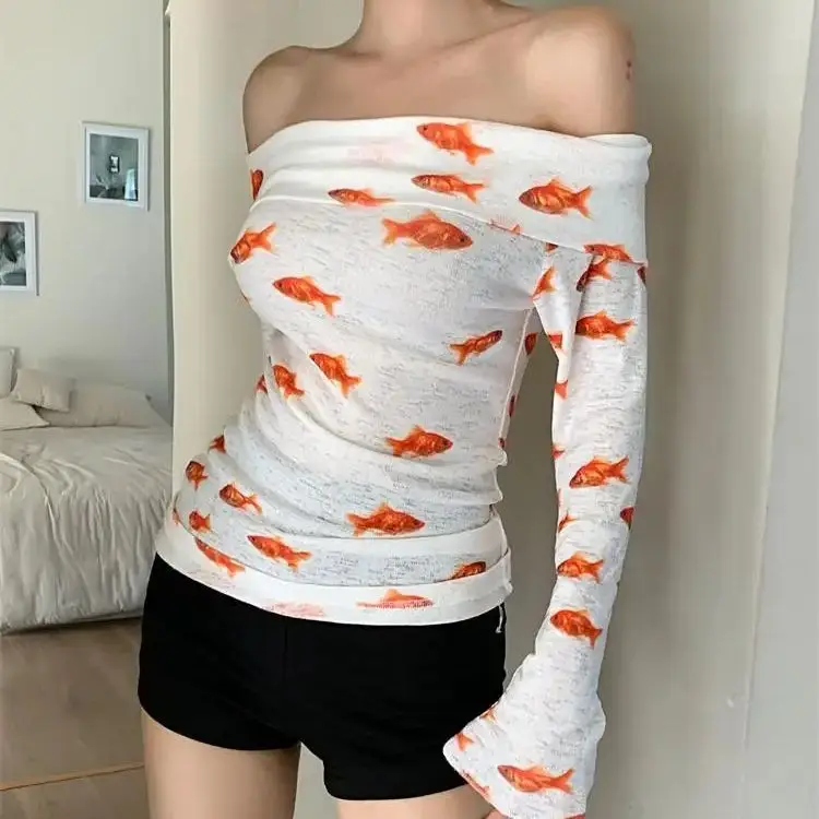 Fashionable Slant Neck T-Shirt Women Slim Fit Sexy Goldfish Long Sleeve Women Fashion Versatile Young Cool Popular Tops Hot Stre