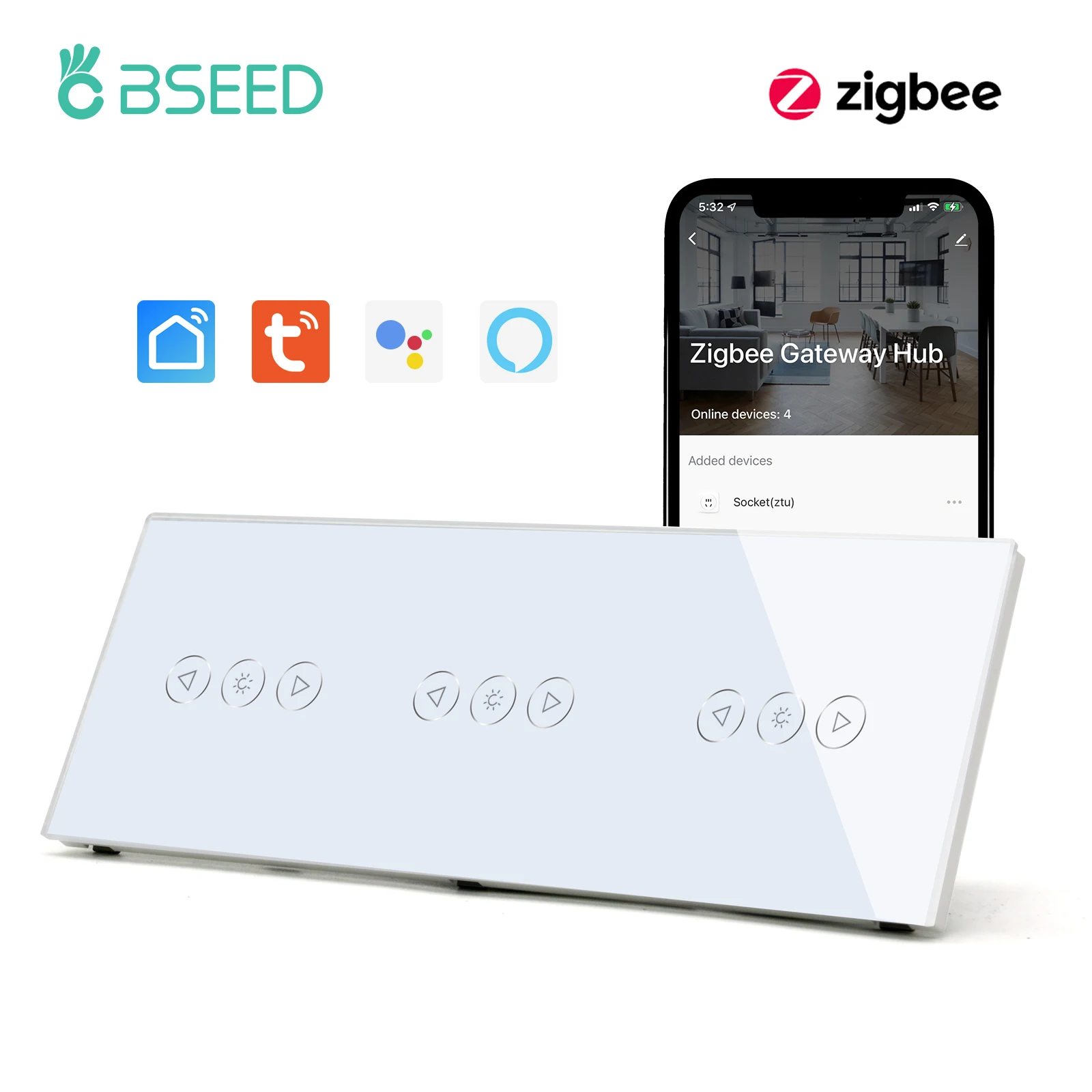 

BSEED Zigbee Dimmer Switches Triple Smart Wall Touch Switch LED Dimmable Light Switch Tuya Smart Life Alexa Wireless Control