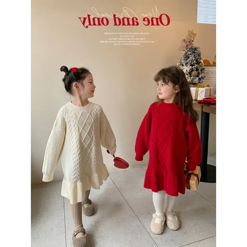 Girls Korean Style Knitted Dress 2023 Winter New Fashionable Thickened Princess Solid Color Casual Simple Princess Dress