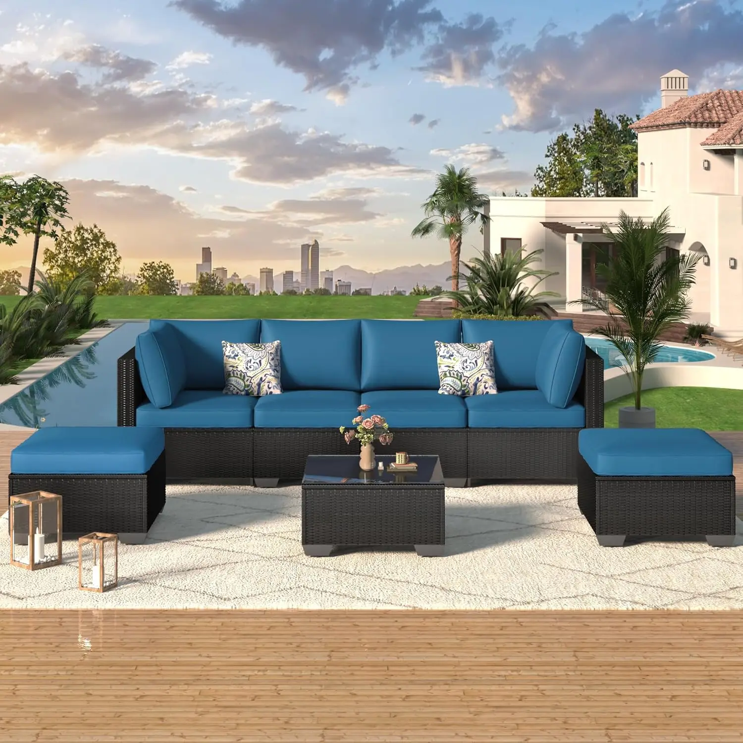 

7 Piece Outdoor Patio Furniture Set, PE Rattan Outdoor Wicker Sectional Furniture Chair Set with Cushions and Tea Table