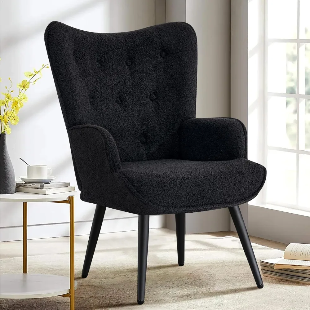 

Faux Fur Accent Chair, Upholstered High Backrest Arm Chair with Solid Metal Legs for Bedroom, Living Room, Office, Black