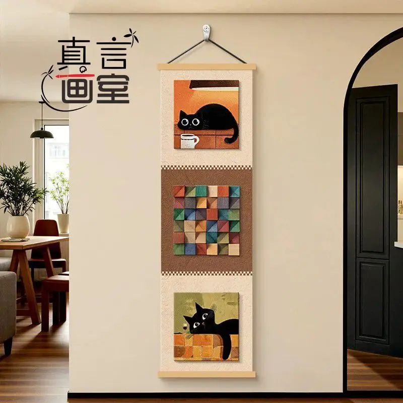 Wall Art Whimsical Cat Portrait Pearlescent Canvas Hanging Scroll with Wooden Rods for Bedroom Hotel and Cozy Entryway