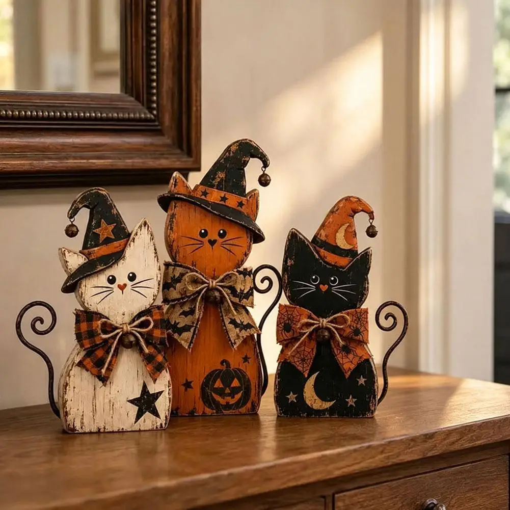 Halloween Wooden Ornaments Pumpkin Ghost Black Cat Halloween Decor Witch Hat Distressed Wood Figurine Tabletop Holiday Ornament
