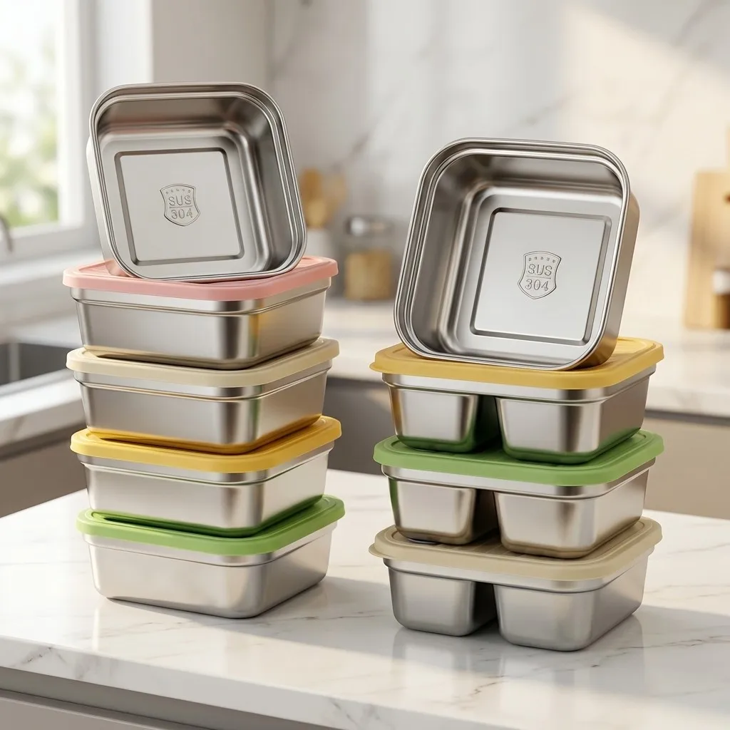 304 Stainless Steel Lunch Box Refrigerator Food Storage Container With Lid Stackable Sealed Fresh-keeping Box Microwave Safe