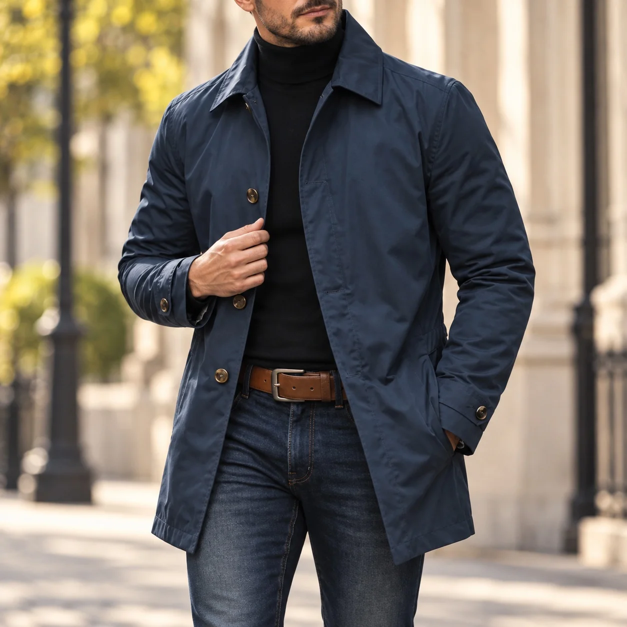 Casual Long Sleeve Coat Loose Fit Mature Casual Regular Length Multiple Pockets Patch Pocket with Topstitching Men Jacket