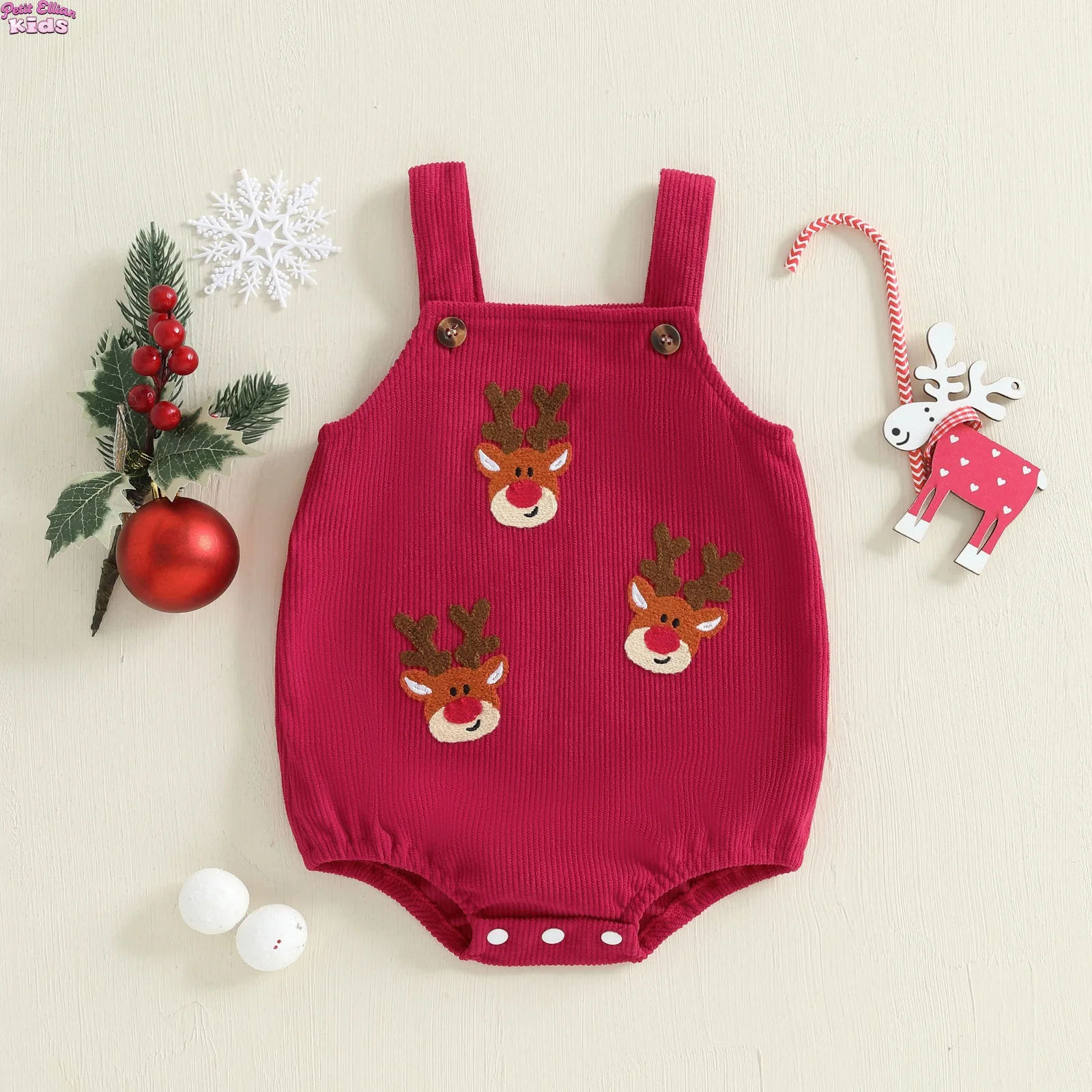 

Baby Clothing Christmas Cotton Corduroy Suspender Romper 0-18M Newborn Baby Girls Boys Reindeer Embroidery Sleeveless Bodysuit