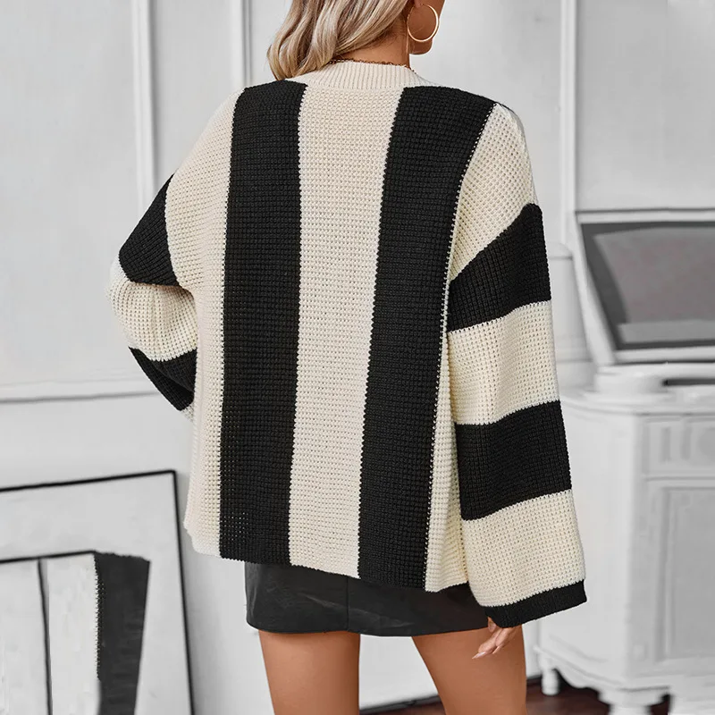 2024 New Arrival Cozy Striped Cardigan with Fuzzy Color Block for Women Loose Fit Casual Top for Autumn and Winter