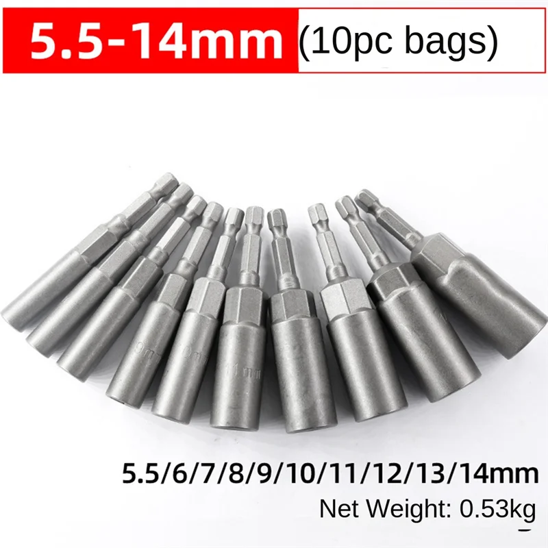 10Pcs 5.5mm-14mm Hex Socket Sleeve Nozzles Nut Driver Set for Power Drills Impact Drivers Power Screwdriver Handle Tools