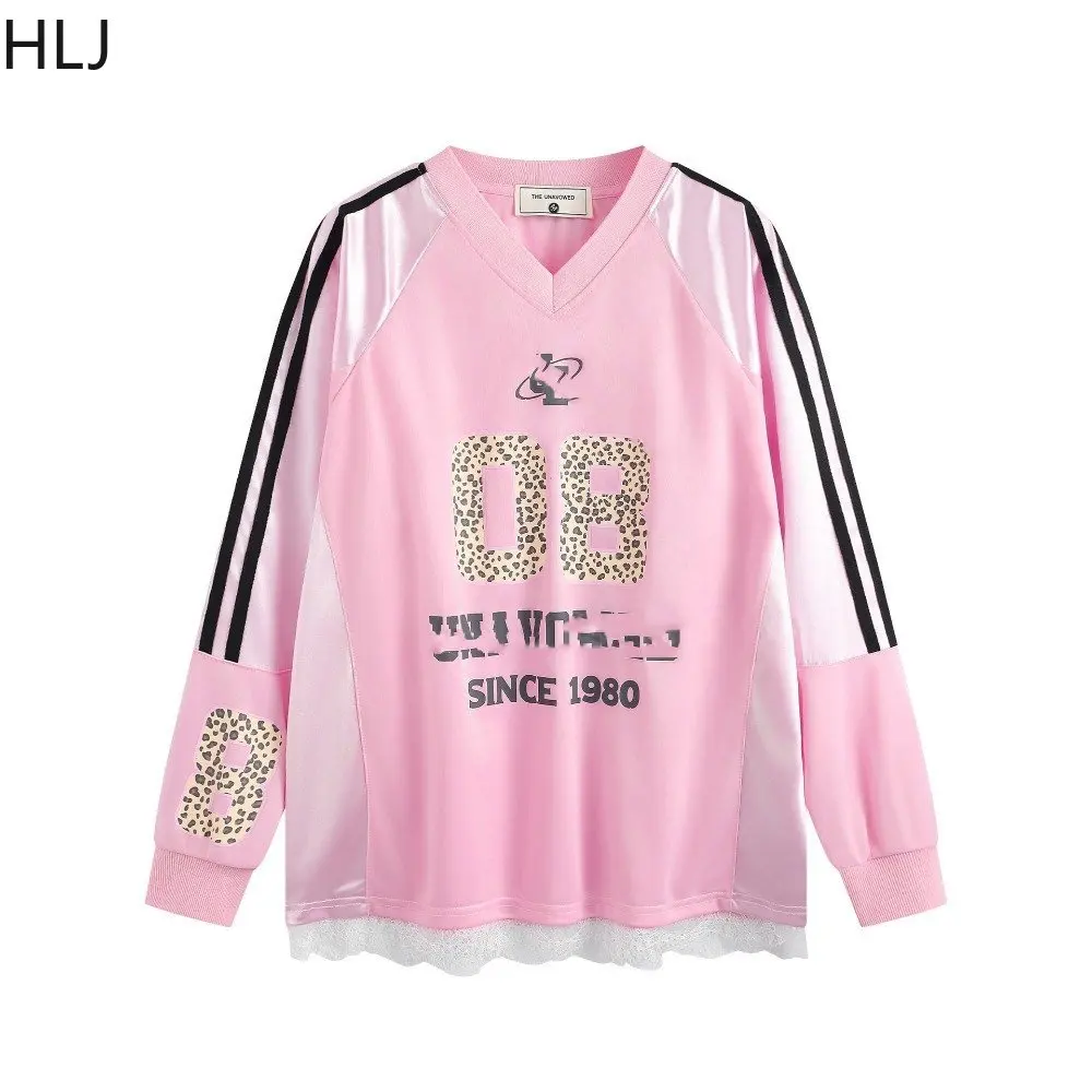 HLJ Pink Y2K Fashion Letter Printing Loose Tshirt Dress Women American Retro V Neck Long Sleeve American Retro Straight Vestidos