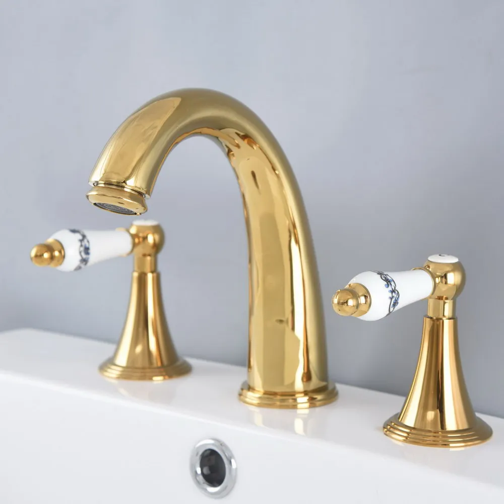 

Polished Gold Color Brass Deck Mounted Dual Handles Widespread Bathroom 3 Holes Basin Faucet Mixer Water Taps mnf987