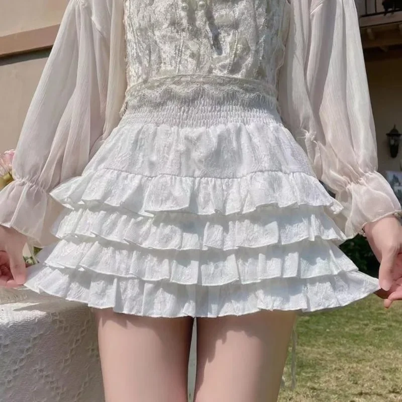 Women's Summer 2024 New Elastic High Waist Young Style Sweet Shirring Spliced Ruched Ruffles Solid Color Cake A-line Mini Skirts