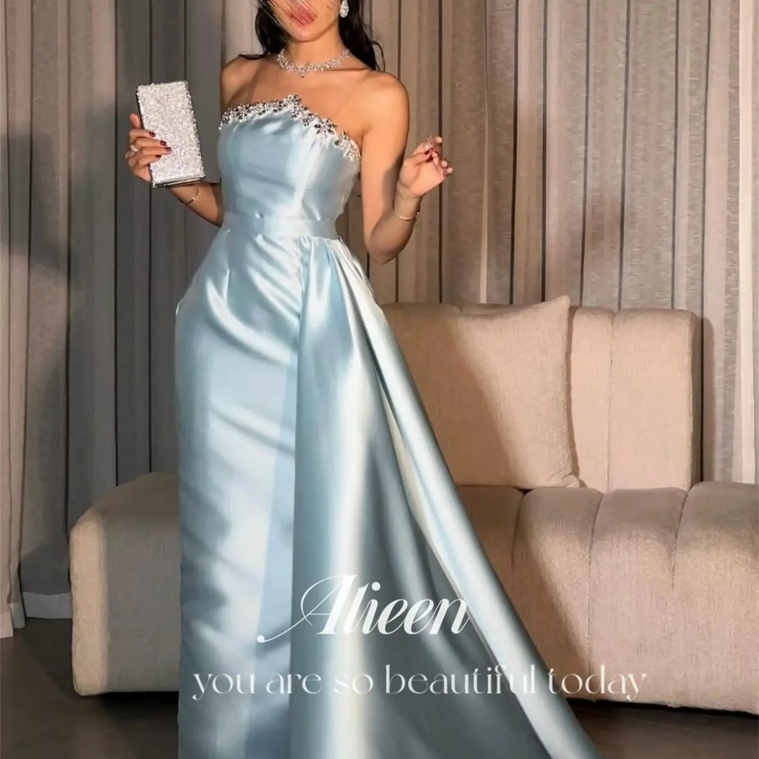 

Aileen Sky Blue Tailing Satin Stone Customized Dresses High Quality Luxury Dress Women Elegant Party Robe Soiree De Luxe 2024