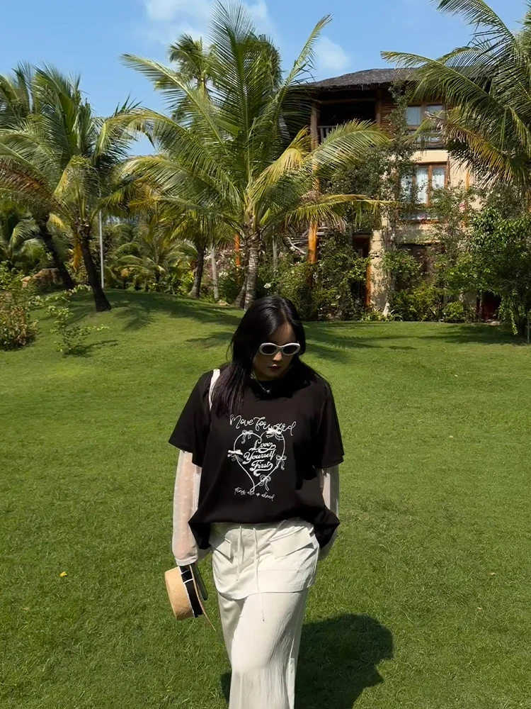 

Slimming Effect Pencil XiaoXin Large Size Women's Casual Printed Splicing Mesh Fake Two-Piece T-Shirt Spring Summer Casual St...