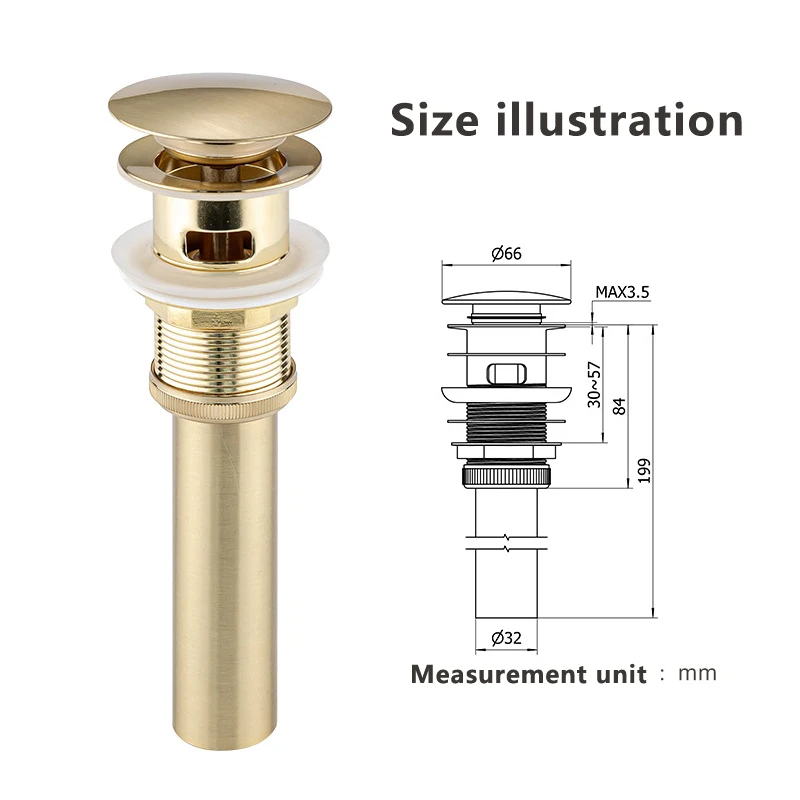 Brushed Golden Stainless Steel Pop Up Sink Drain with Overflow Hole, Leakproof Wash Basin Stopper for Bathroom Vanity Sink