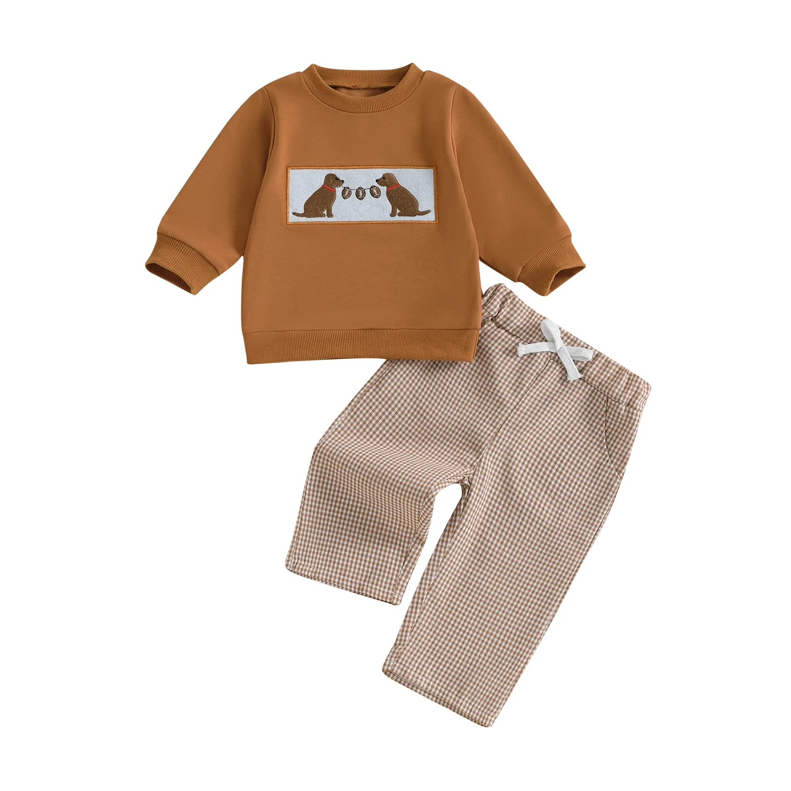 Adorable Toddler Boy Outfit with Cute Dog and Football Embroidery Long Sleeve Pullover and Elastic Waist Plaid Pants for Fall