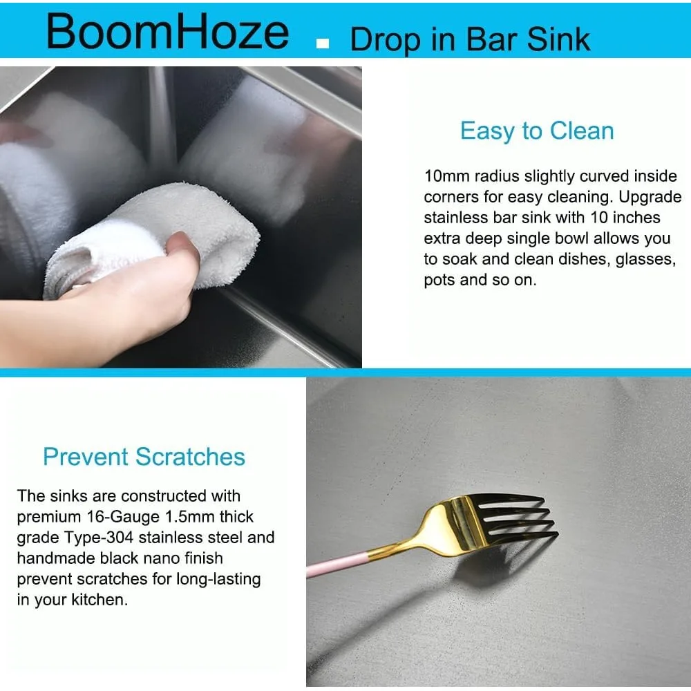 حوض المطبخ من الفولاذ المقاوم للصدأ للاستخدام RV والخارجي، 20 × 17 بوصة، حامل علوي، وعاء واحد، 16 مقياس، تصميم أسود منسدل