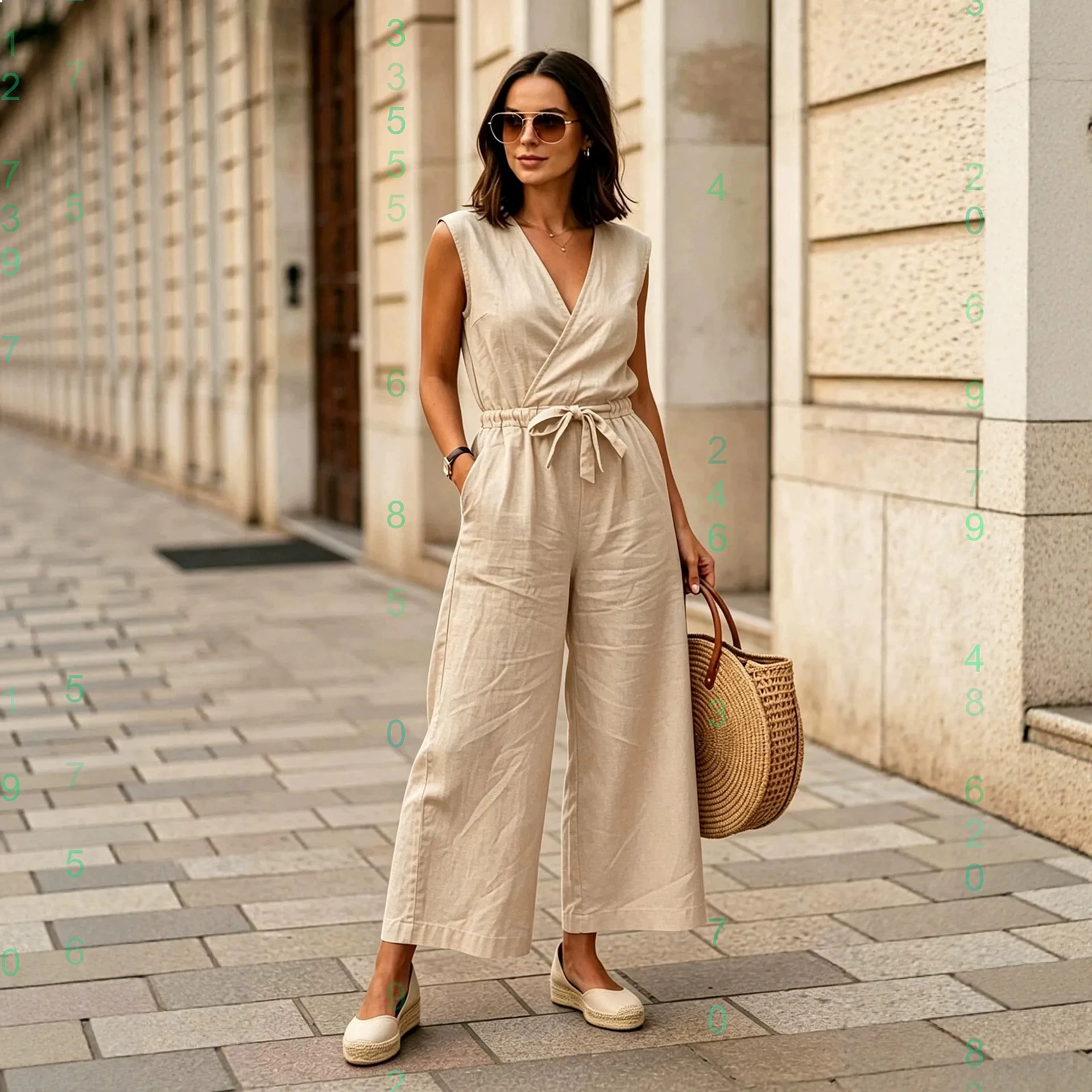 

Women's Linen Overall Jumpsuit V Neck Tie Waist Wide Leg Long Pants Playsuit Summer