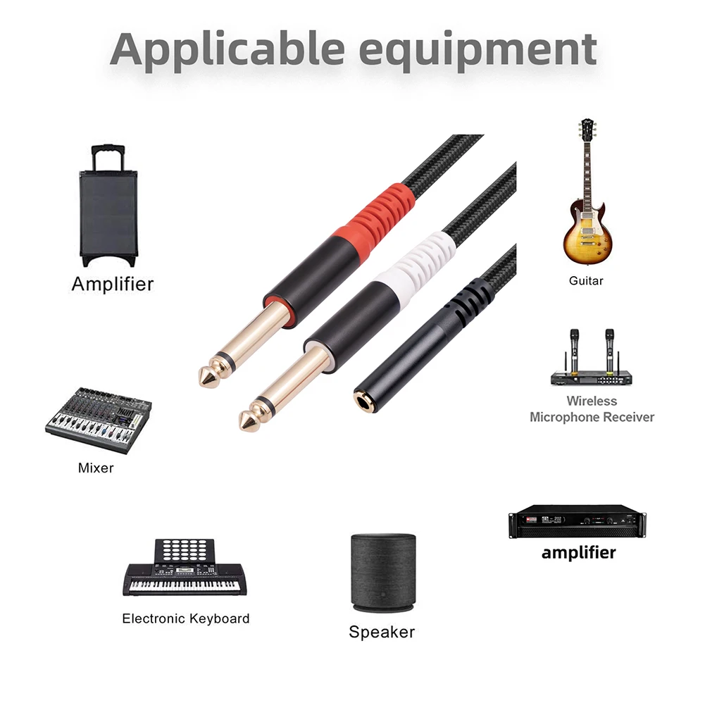 Gold-plated 6.35mm 1/4-inch Stereo TRS Aux Cable 3.5mm Female Jack to 2*6.35mm Adapter Dual 6.35mm Mono Male Audio AUX Cord