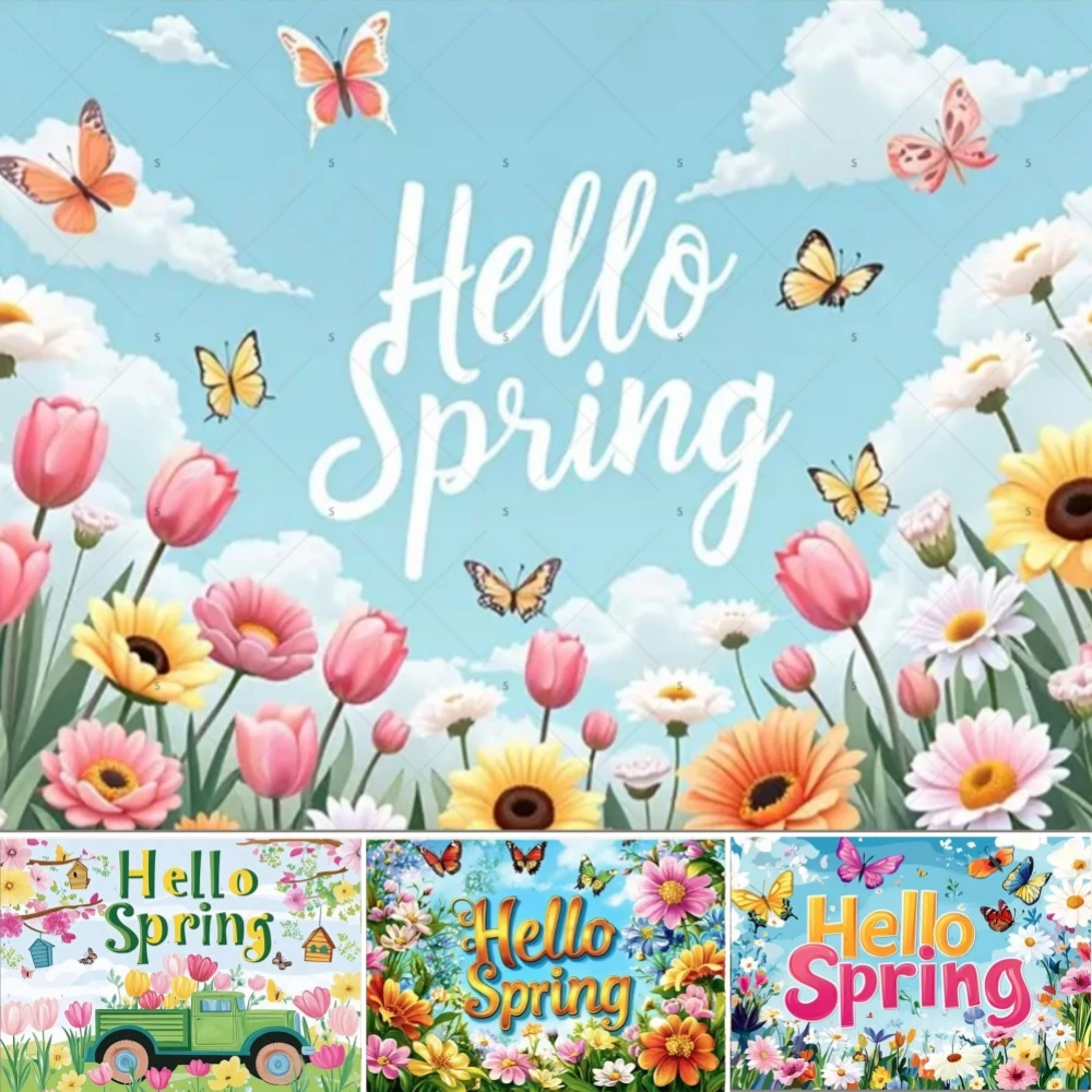 

Hello Spring Theme Photography Background Garden Butterfly Flower Eggs Rainbow Easter Children Birthday Party Decor Banner Props