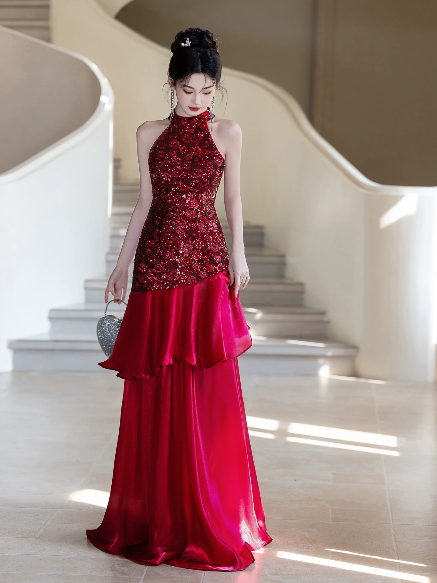 

Ele Bridal Gown with Nelace Sensation Glittering Evening Dr for Engagement Par Host Luxury Faion Long Skirt