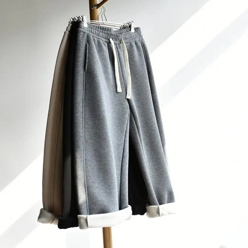 

Женские широкие брюки на флисовой подкладке, мягкие хлопковые свободные брюки-палаццо, повседневные брюки для женщин, новинка