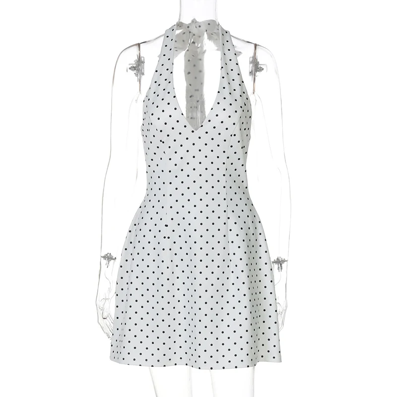 

Ticketsx Sexy Polka Dots Dress Women's Deep V Halter Lace Up Backless High Waist A-Line Dress Lady Slim Sweet Elegant Mini Dress