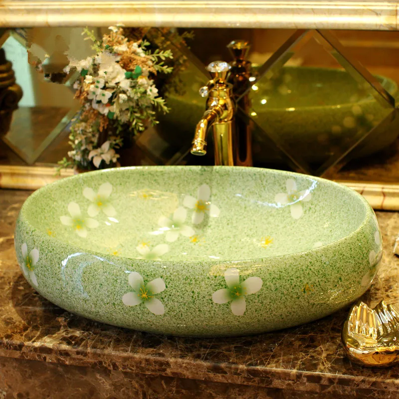 

Green glazed flower porcelain bathroom vanity bathroom sink bowl countertop Oval bathroom sink wash basin