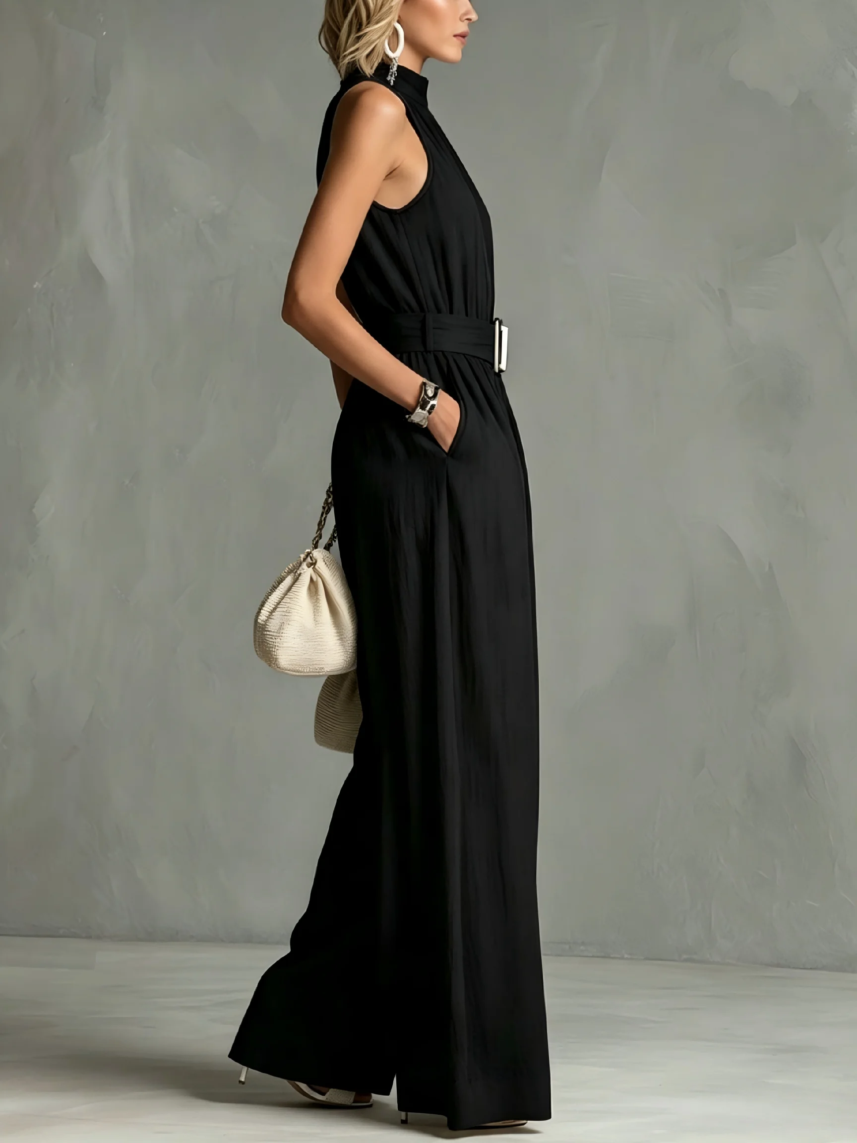 Damen Neckholder-Jumpsuit, ärmellos, mit Frontreißverschluss, quadratischer Schnalle am Gürtel, weitem Bein, langen Hosen, elegant, lässig, schwarzer Overall mit Taschen – Detail 5