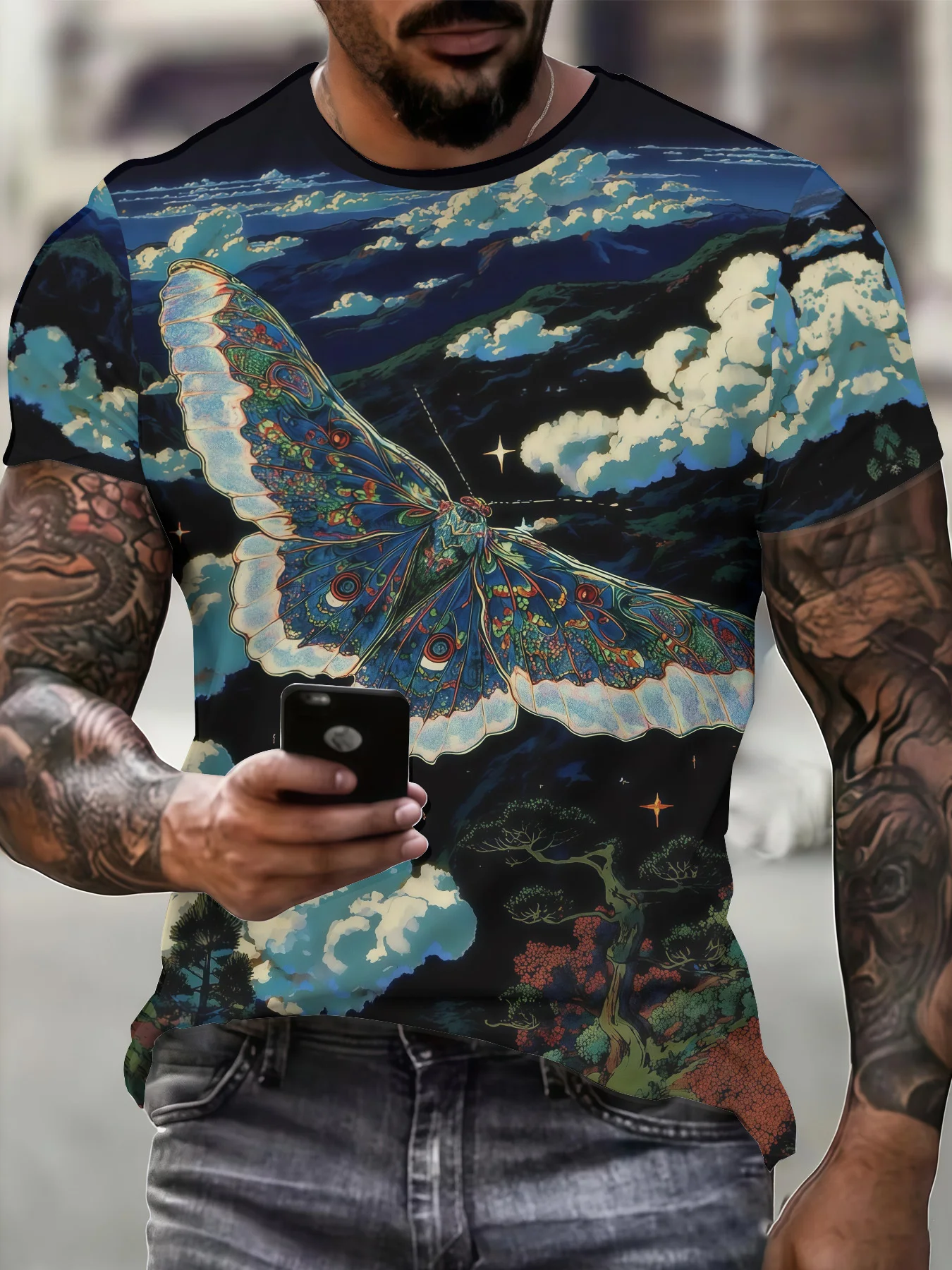 Men Colorful Moth Butterfly Cloud Mountain Star Landscape Print Black Short Sleeve Crew Neck T-shirt