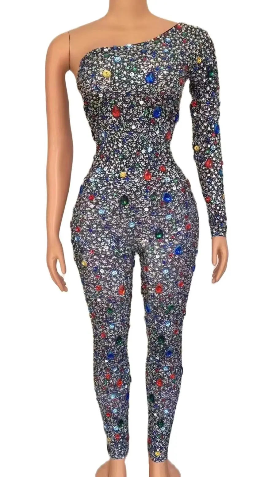 Sparkly Colorful Bodysuit CrystalsStones Jumpsuit Sexy Mesh See ThroughRhinestones Rompers Stage Birthday Dance Wear