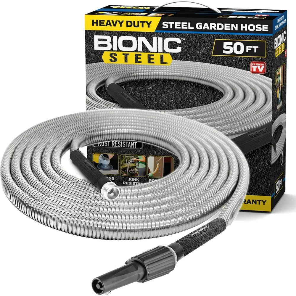 

Bionic Steel Metal Garden Hose 50 Ft with Nozzle, 304 Stainless Steel Water Hose, 50 Ft Garden Hose Tough & Flexible,Lightweight