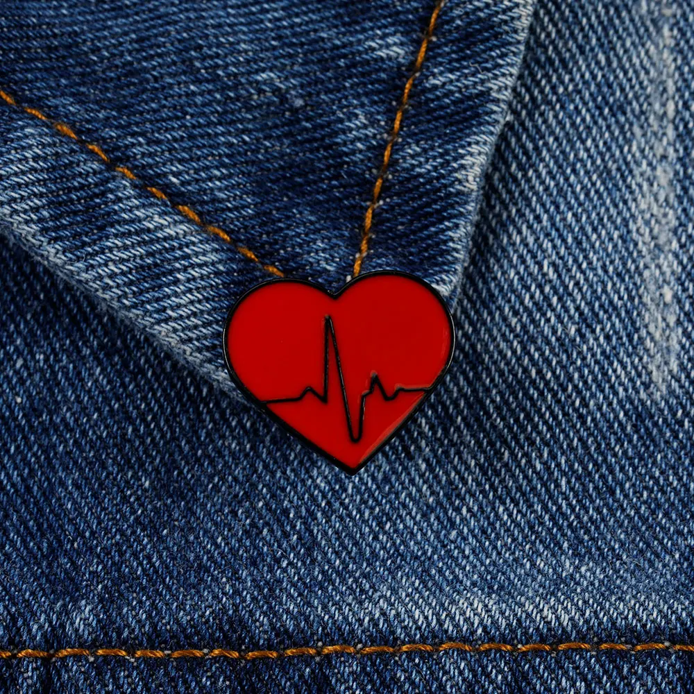 Valentine's Day Heartbeat Pattern Pins  Funny Red Heart Electrocardiogram Design Enamel Brooches For Couple Lovers Badge