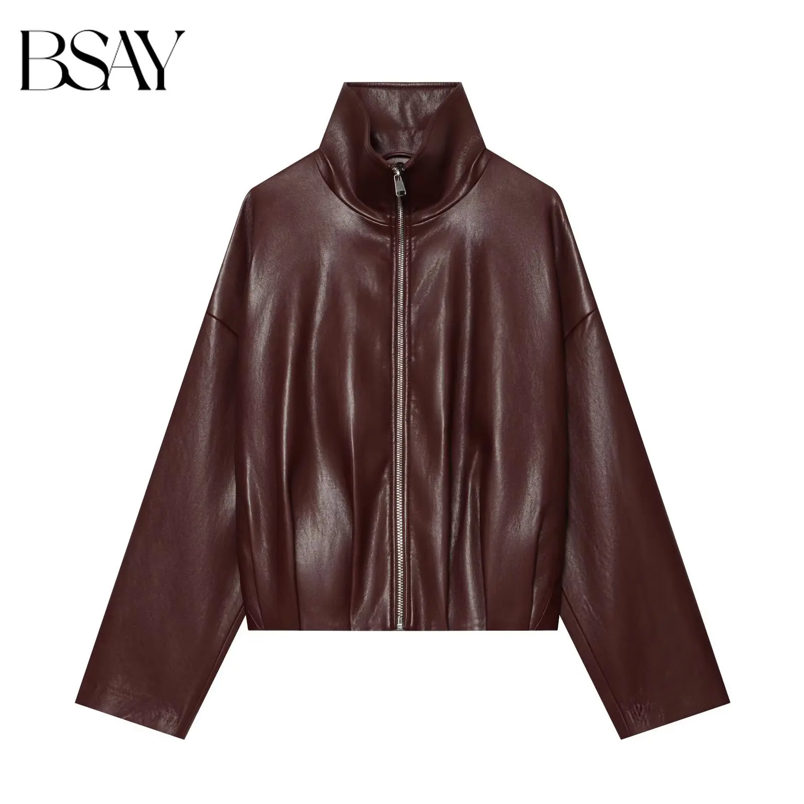 BSAY 2026 Neue Amerikanische Retro Damen Mode Kunstlederjacke Stehkragen Reißverschluss Lose Kurze Langarm Herbst-Oberbekleidung