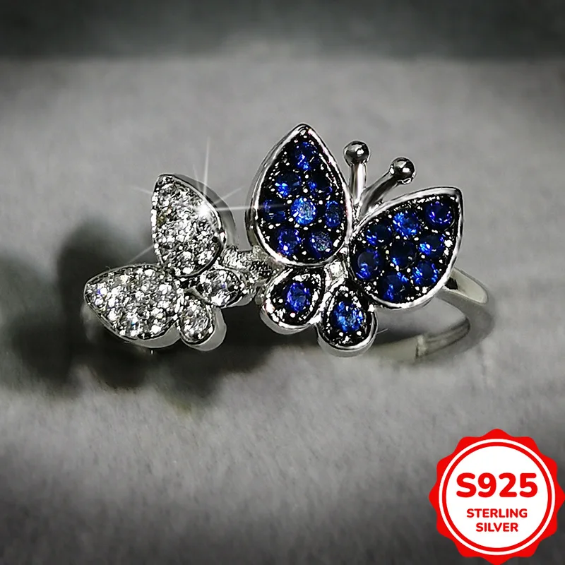 Fashionable Authentic S925 Silver Two-color Full Diamond Butterfly Commuting Versatile Ladies Ring