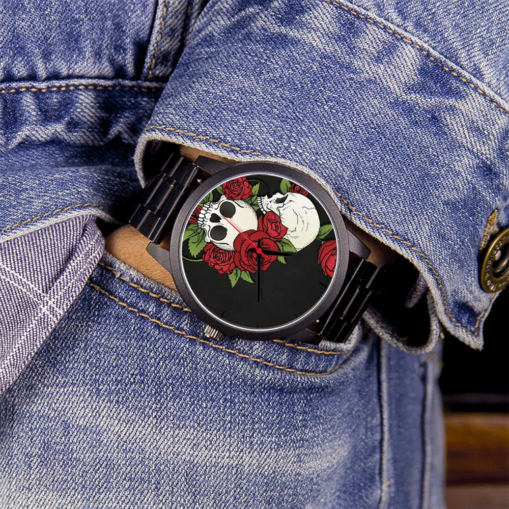 ساعات الورد للرجال ساعة الهاتفي تذكارية سوداء كوارتز ساعات المعصم الجمجمة 45/38 مللي متر هدية شخصية هدايا للرجال الفضة الرجال You