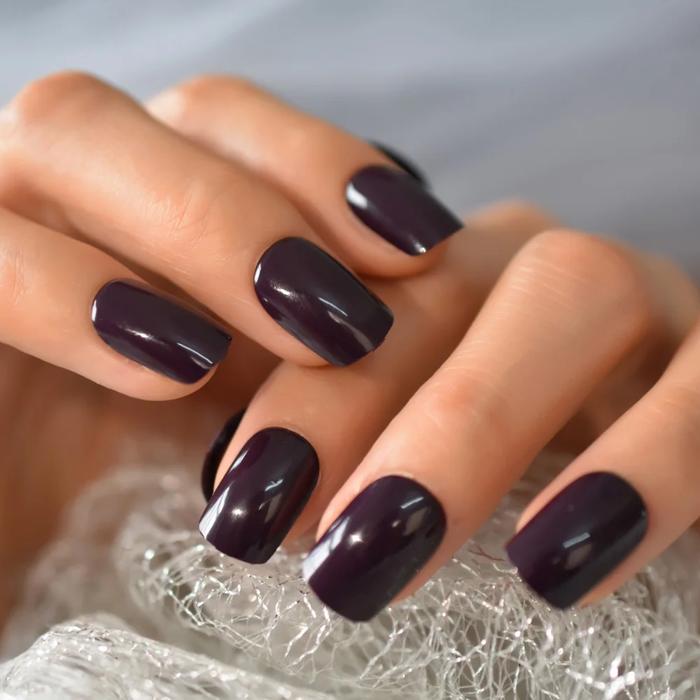 Short Fake Nails Classic Dark Purple False Nails Glossy Square Short Flat Head Fake Nails With Adhesive Blue On Back