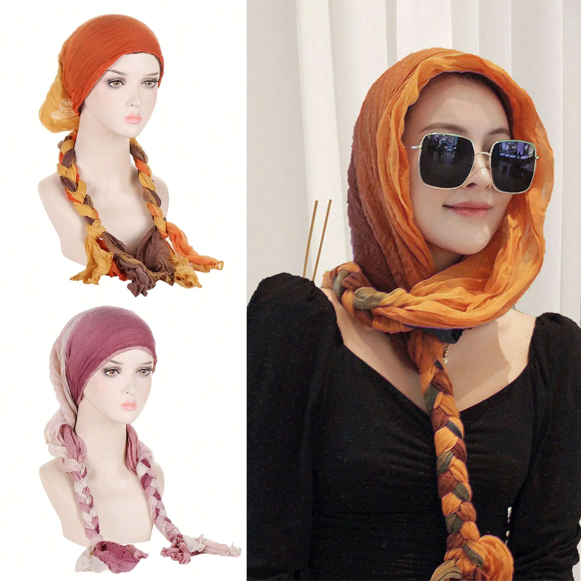 Muslim Hijab Caps Handmade Braided Headband Scarf Cap With Color Blocking Design For Women's Early Spring Style