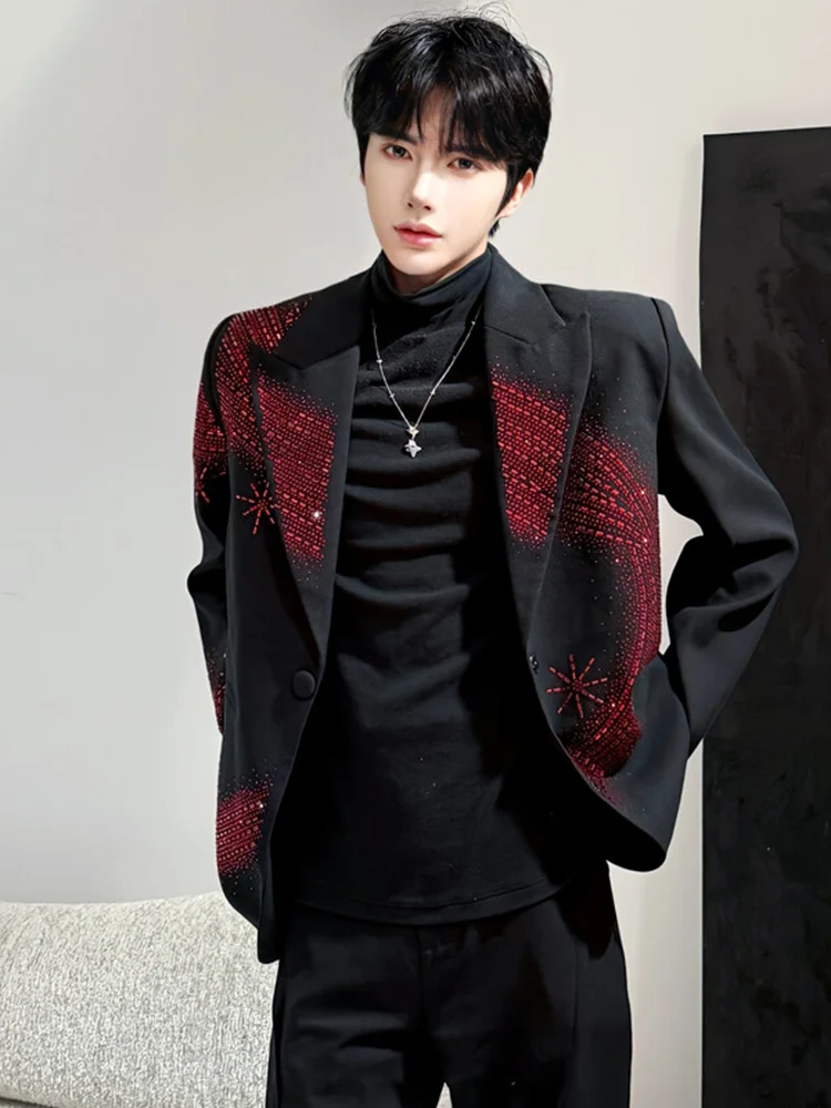 Hot Diamond Shoulder Padded Blazers Men's 2025 Spring Autumn New High-end Handsome Suit Jackets Male Light Luxury Jacket Tops