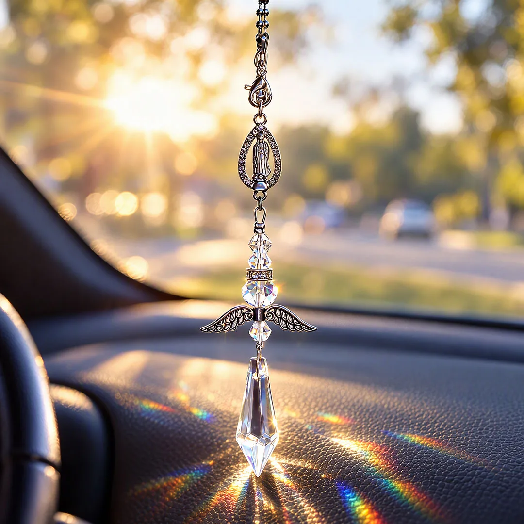 Angel Car Rearview Mirror Pendant with Virgin Mary Medallion & Crystal Prism Religious Guardian Decor Car Inerior Accessories