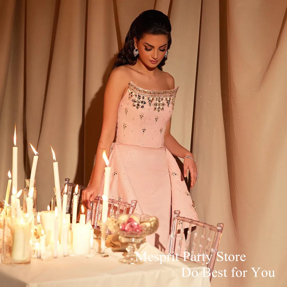 Customized Crystal Evening Dress Strapless Sleeveless Beads Tiered Train Prom Gown Saudi Party Dresses  فساتين حفلة موسي