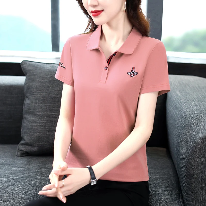 Letnia bawełniana koszulka damska w dużym rozmiarze, sportowa, z kołnierzykiem, luźny krój, oddychająca, odprowadzająca pot...