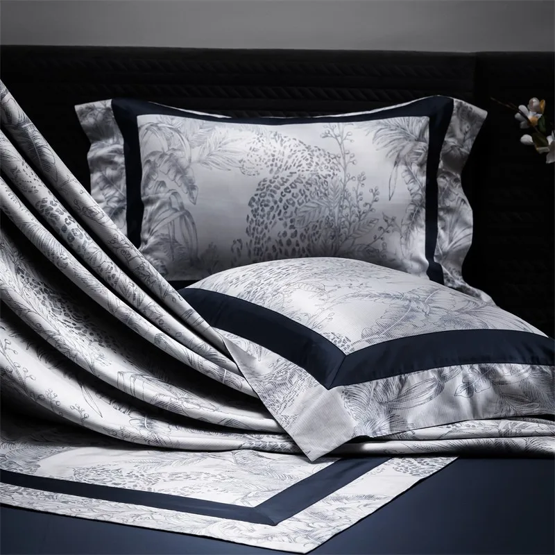 Set di biancheria da letto Patchwork nero grigio di lusso morbido setoso 1000TC cotone tropicale giungla foresta copripiumino Set lenzuola federe