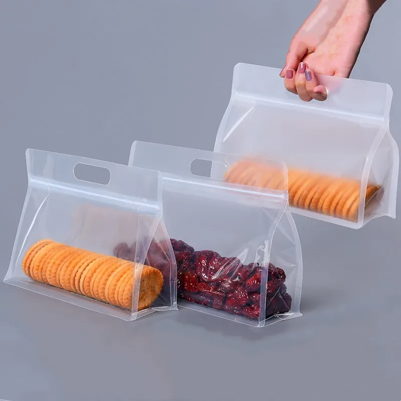 50pcs Food Packaging Ziplock Bags Transparent Frosted bag with Handle Stand Up Sealed bag for Candy Nuts Storage Reusable Pouch