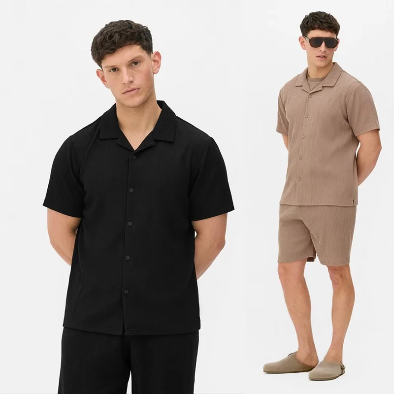 

Cuban Collar ort Sve irt Men's Summer Thin Elastic f Sve Pleated Stripe Breathable Loose Fit Polyester Fiber
