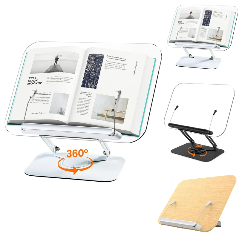 Book Stand for Reading, Adjustable Book Holder with 360° Swivel Base Foldable Stand Recipe Book Holder with Elastic Page Clips