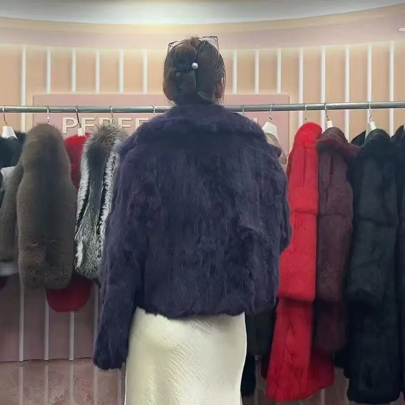 新スタイル レディース 冬用 暖かい ソフト 高品質 本物のレックスラビットコート レックスラビットファー ショートジャケット 大きな本物のフォックスファー襟付きオーバーコート Wh108