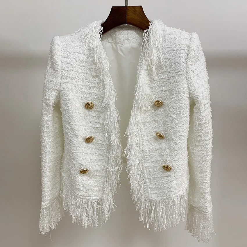 Newest 2023 Fall Winter Baroque Designer Women's White Jacket Lion Buttons Tassel Wool Blend Tweed Ladies Blazer Coat Outwear